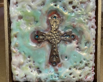 Gold Metallic Cross with Iridescent Turquoise and White Encaustic Painting