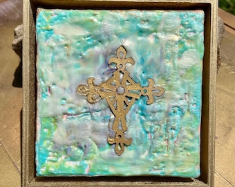 Gold Metallic Cross with Iridescent Turquoise and White Encaustic Painting