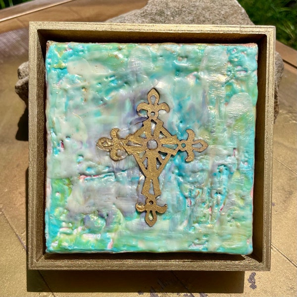 Gold Metallic Cross with Iridescent Turquoise and White Encaustic Painting