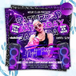 Saturday Night Party Flyer, Club Party Flyer, Club Flyer, Night Club Event Invite Flyer, Club DJ Flyer, Happy Hour Flyer, Canva Editable
