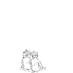 May include: A black and white line drawing of two children sitting back to back, looking at each other.
