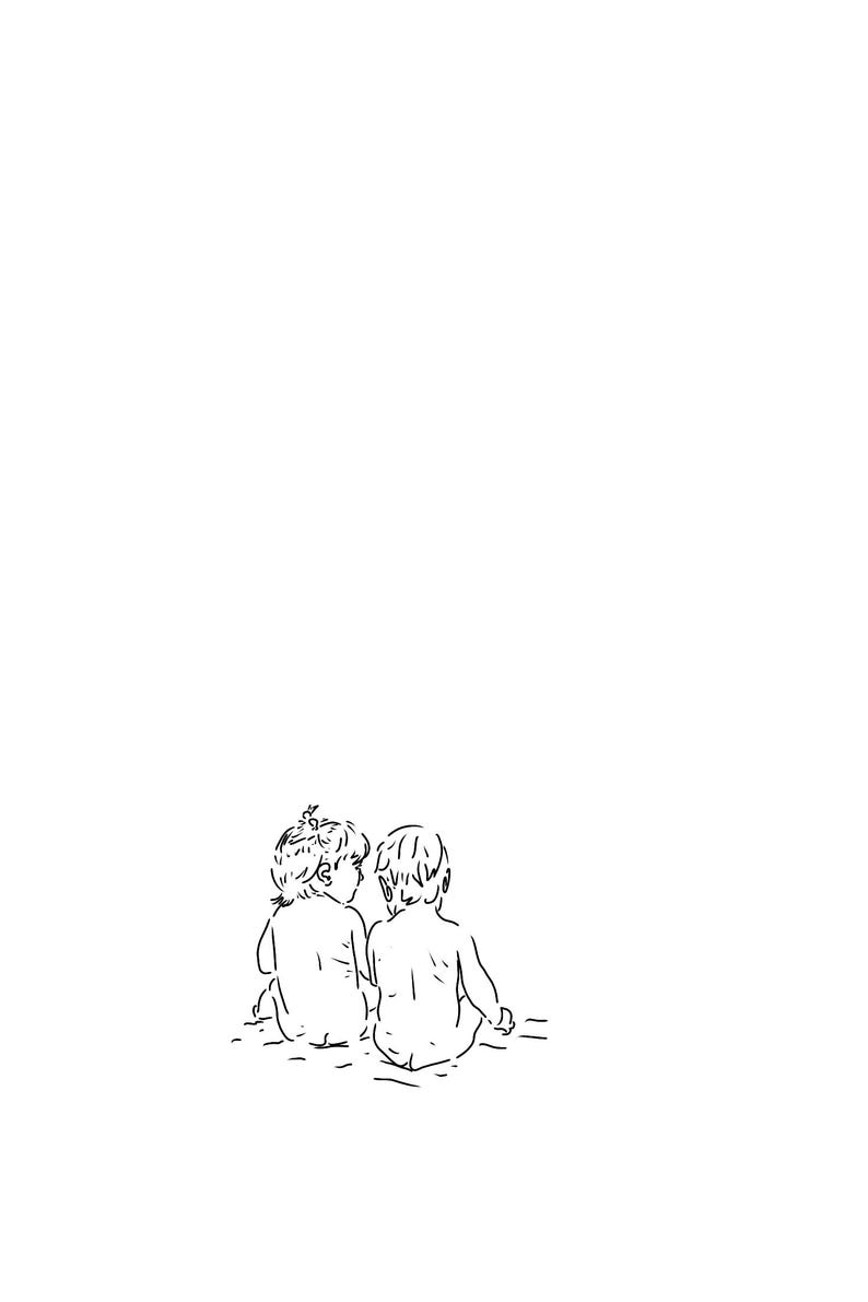 May include: A black and white line drawing of two children sitting back to back, looking at each other.