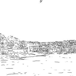 May include: A black and white line drawing of a waterfront town with the word "Cadaques" written above it.
