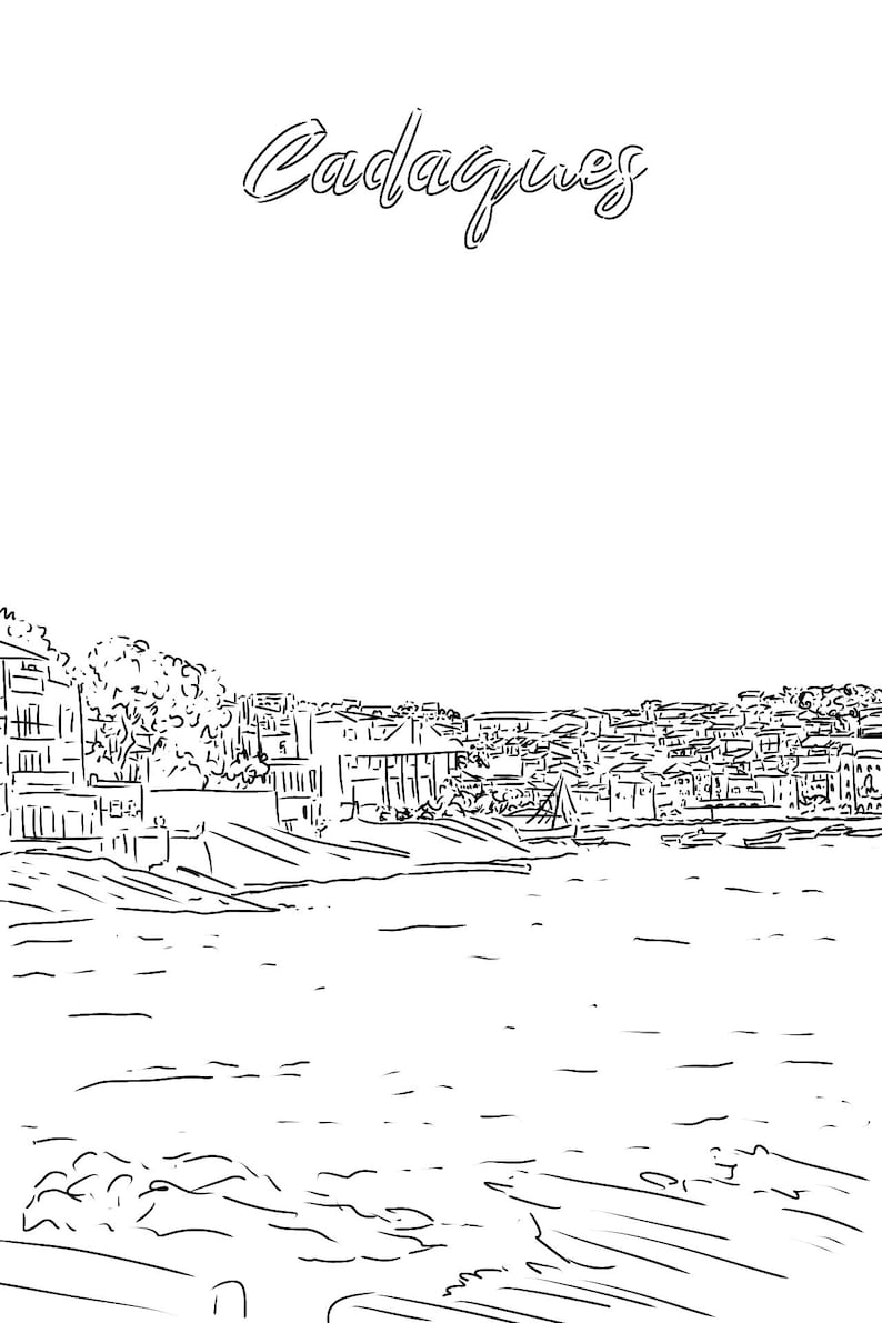 May include: A black and white line drawing of a waterfront town with the word "Cadaques" written above it.