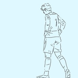 May include: Line drawing of a soccer player wearing a jersey with the number one on it. The player is looking down and has their hands on their hips.