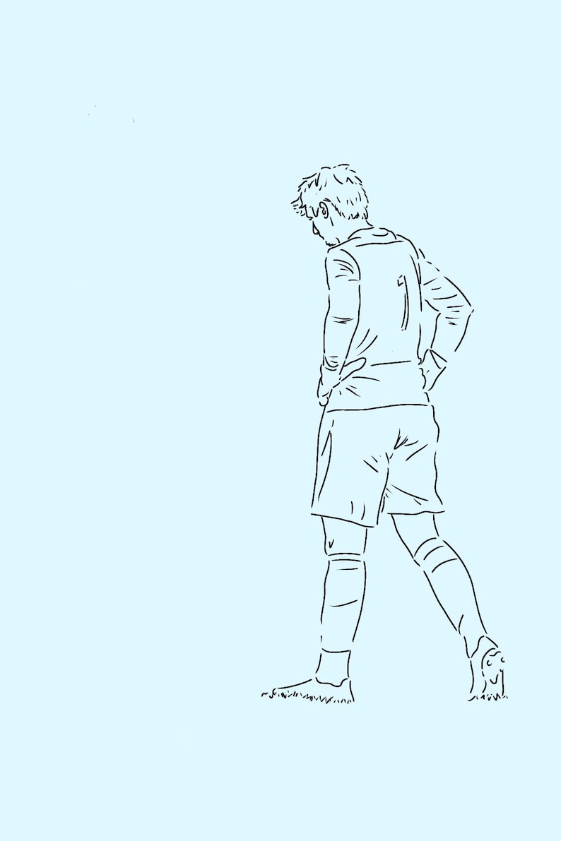May include: Line drawing of a soccer player wearing a jersey with the number one on it. The player is looking down and has their hands on their hips.
