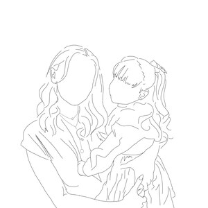 May include: Line drawing of a woman holding a young girl in her arms. The woman has long wavy hair and is wearing a simple shirt. The girl has long straight hair and is wearing a dress.