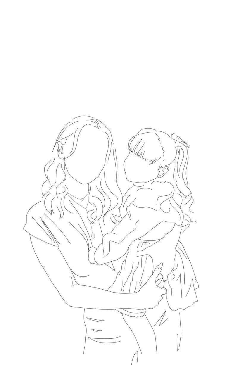 May include: Line drawing of a woman holding a young girl in her arms. The woman has long wavy hair and is wearing a simple shirt. The girl has long straight hair and is wearing a dress.