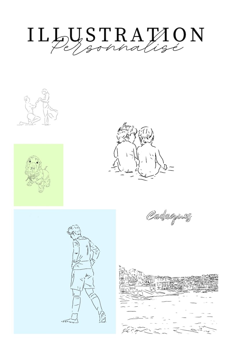 May include: A set of four black and white line drawings. The first drawing shows a couple holding hands. The second drawing shows two children sitting side by side. The third drawing shows a dog. The fourth drawing shows a person standing in front of a cityscape with the text "Cadaques" written above it.
