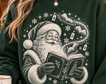 Santa Reading Sweatshirt, Christmas Book Lover Holiday Graphic