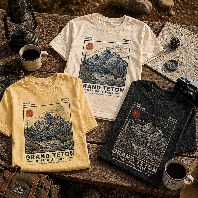 May include: Three short-sleeve t-shirts in cream, yellow, and black, each featuring a graphic print of Grand Teton National Park. The design includes a mountain range, a lake, a moose, a red sun, and the text "Grand Teton National Park."