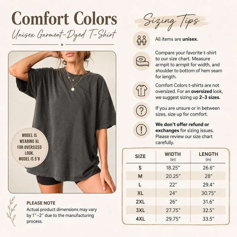 May include: A charcoal grey short-sleeve t-shirt with a crew neckline. The image includes a sizing chart with width and length measurements in inches, along with text instructions for selecting a size for an oversized look and fit.