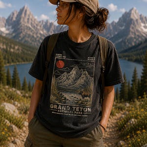 May include: A black short-sleeve t-shirt featuring a graphic print of Grand Teton National Park with mountains, a lake, a moose, and a red sun. The text reads Wyoming National Park, 43.7904 N 110.6818 W, Grand Teton National Park, and Where mountains touch the sky and rivers run free.