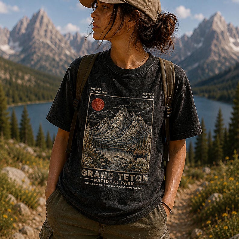May include: A black short-sleeve t-shirt featuring a graphic print of Grand Teton National Park with mountains, a lake, a moose, and a red sun. The text reads Wyoming National Park, 43.7904 N 110.6818 W, Grand Teton National Park, and Where mountains touch the sky and rivers run free.