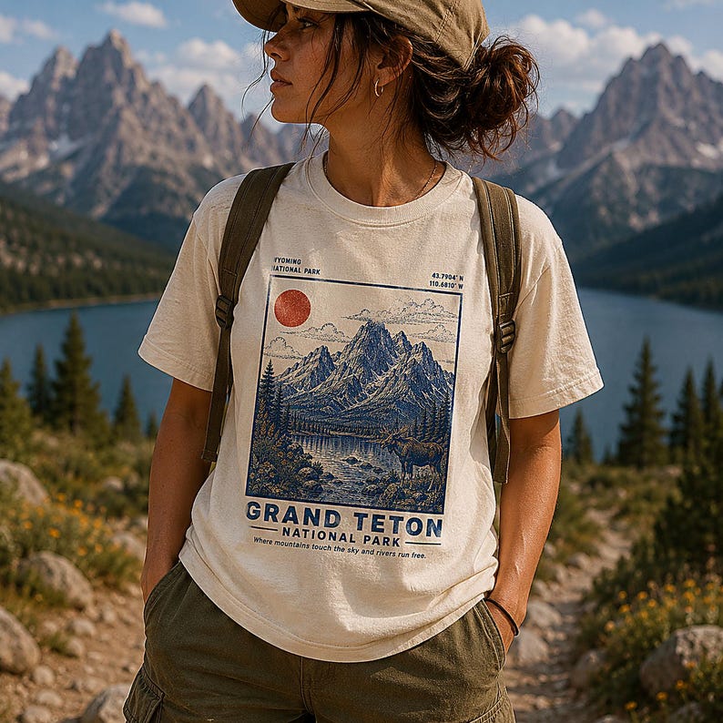 May include: A cream-colored short-sleeve t-shirt featuring a graphic print of Grand Teton National Park. The design includes a red sun, blue mountain peaks, a lake, and a moose, with text reading Grand Teton National Park and coordinates.
