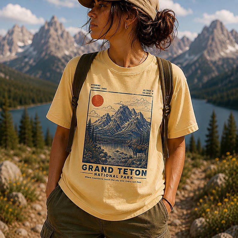 May include: A pale yellow t-shirt featuring a graphic print of Grand Teton National Park. The design includes a mountain range, a lake, a moose, a red sun, and text reading "WYOMING NATIONAL PARK", "GRAND TETON NATIONAL PARK", and "where mountains touch the sky and rivers run free."
