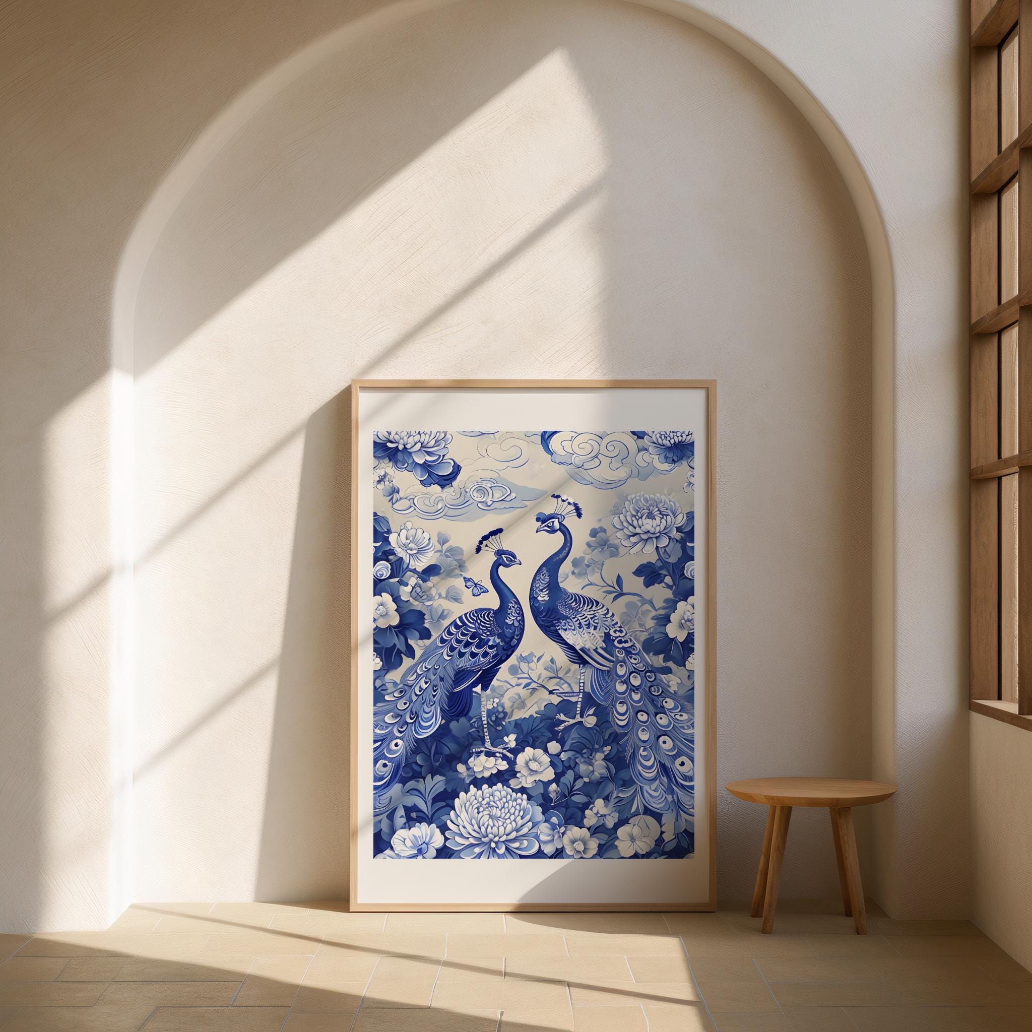 Oriental Chinoiserie Wall Art, Peacock Wall Decor, Bird Chinoiserie Painting, Blue and White Painting Chinoiserie Wall Art,Japanese Wall Art