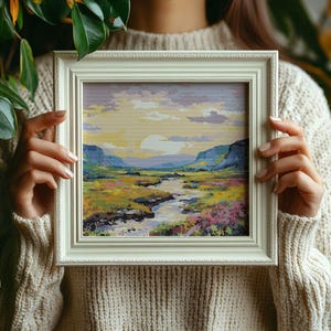 Alba sul fiume, Punto croce paesaggio, Valle dell&#39;alba, Schema paesaggio artistico, Ricamo natura, Scarica PDF.