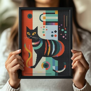 Stylized cat cross stitch, abstract cat, Artistic embroidery, Creative Cross Stitch, Colorful Feline Art, animal embroidery, Download PDF.