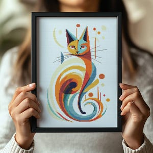 Stylized cat cross stitch, abstract cat, Artistic embroidery, Creative cross stitch, Colorful Feline Art, animal embroidery, Download PDF.