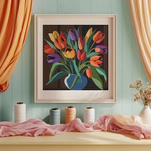 Bouquet of tulips_1, Colorful tulips, Floral cross stitch, Nature embroidery, Bright blooms, Bold colors stitch, PDF download.