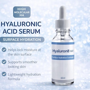 May include: A clear glass bottle of Hyaluronic Acid Serum with a white label and blue accents. The label reads "Hyaluron8 HA1 Surface Hydration Formula" and "30ml". The image also includes text about the product's benefits.