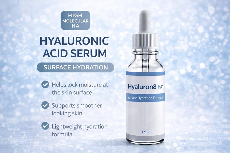 May include: A clear glass bottle of Hyaluronic Acid Serum with a white label and blue accents. The label reads "Hyaluron8 HA1 Surface Hydration Formula" and "30ml". The image also includes text about the product's benefits.