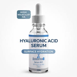 May include: A clear glass bottle of Hyaluronic Acid Serum with a white dropper. The label reads "Hyaluron8 Serum HA1 100% Hyaluronic Acid 30ml". Additional text includes "High Molecular HA" and "Surface Hydration".
