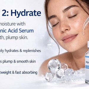 May include: A woman with closed eyes, applying Hyaluron8TA serum to her face. The image includes a bottle of serum with a dropper, text that reads "Step 2: Hydrate", and the benefits of the serum: deeply hydrates, helps plump & smooth skin, and is lightweight & fast absorbing.