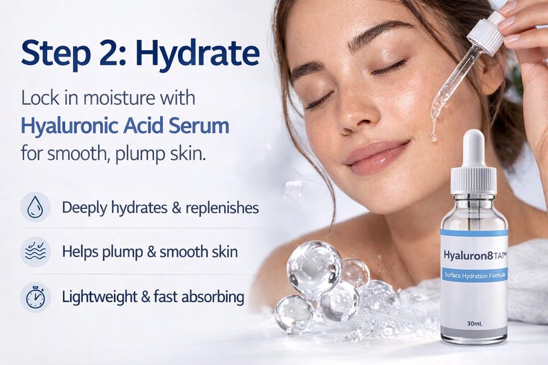 May include: A woman with closed eyes, applying Hyaluron8TA serum to her face. The image includes a bottle of serum with a dropper, text that reads "Step 2: Hydrate", and the benefits of the serum: deeply hydrates, helps plump & smooth skin, and is lightweight & fast absorbing.