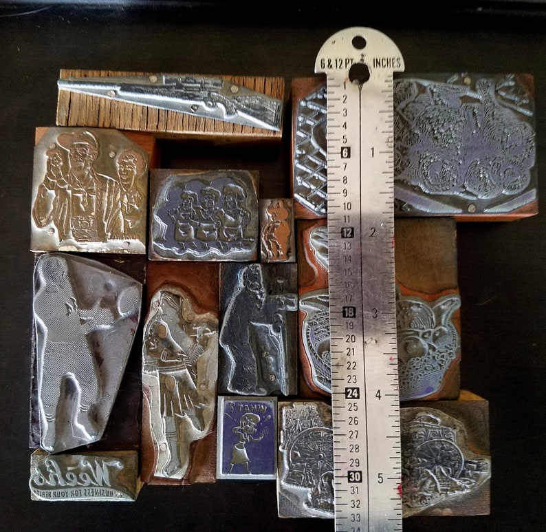 Vintage Letterpress Printing Blocks Cuts Stamps Wood Lot FREE Ship 12 Piece Football player Food Rifle Bagpipe