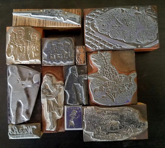 Vintage Letterpress Printing Blocks Cuts Stamps Wood FREE Ship 2 Piece Uncut 25 blocks