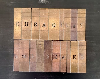 Vintage Letterpress Metal Brass Ludlow Mats Uppercase Lowercase Numbers FREE Shipping