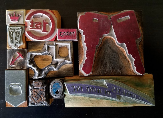 Vintage Letterpress Printing Blocks Cuts Stamps Wood Lot FREE Ship 11 Piece Keys Coors 1st Texas Louisiana