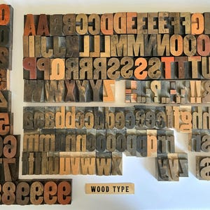 May include: A collection of vintage wooden letterpress blocks featuring various uppercase and lowercase letters, numbers, and symbols. The blocks are made of natural wood with some showing orange paint, and a small rectangular label reads WOOD TYPE.