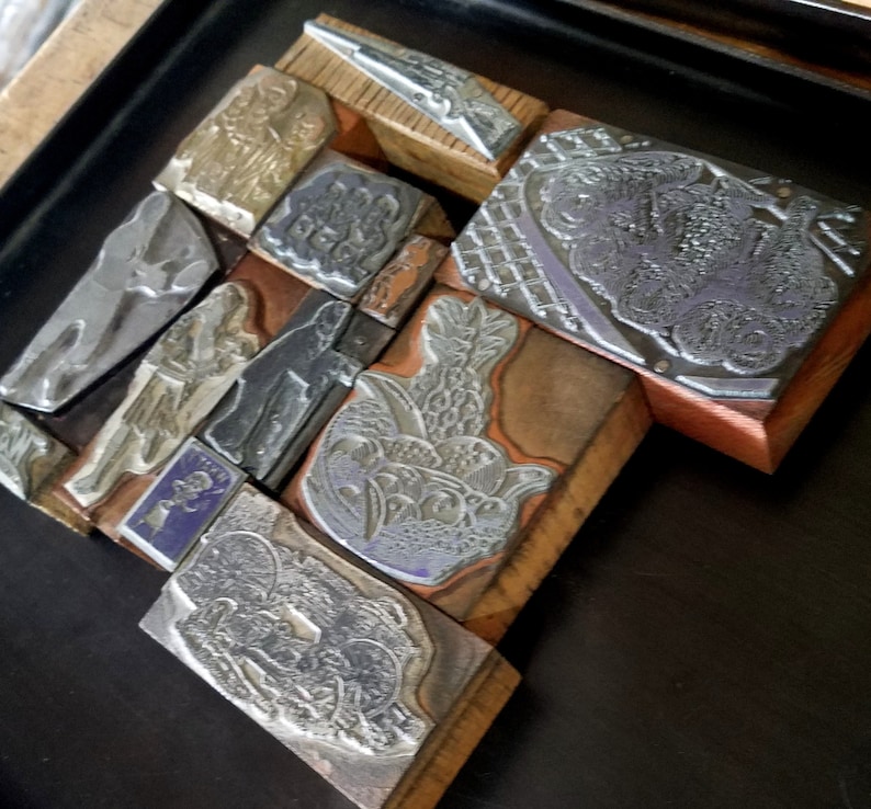 Vintage Letterpress Printing Blocks Cuts Stamps Wood Lot FREE Ship 12 Piece Football player Food Rifle Bagpipe