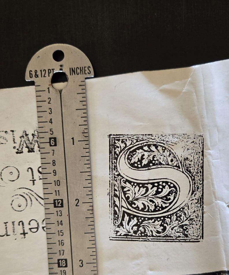 May include: A close-up of a black and white decorative letter "S" printed on white paper. The letter is surrounded by a decorative border of leaves and vines. A ruler is visible in the image, showing the letter is approximately 1 inch wide.