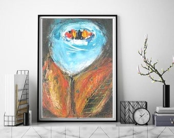 Large Flower painting vertical wall art print, canvas wall decor for kitchen, living room art prints bedroom art with copper and blue