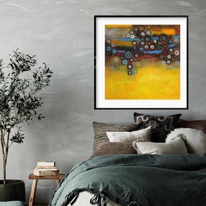 Mustard yellow blue abstract wall art print, modern painting grey canary yellow turquoise, office wall decor large square canvas art prints image 5