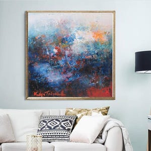Modern Abstract Canvas Art Print: Blue, Red, White Square Giclée