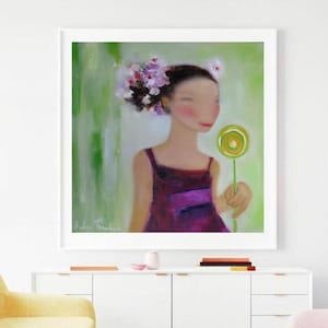 Girl with Lollipop Giclée Print: Abstract Portrait, Green & Pink