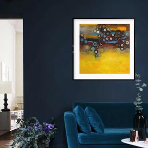Mustard yellow blue abstract wall art print, modern painting grey canary yellow turquoise, office wall decor large square canvas art prints image 10