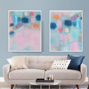 Abstract Diptych Art Print: Blush Pink & Soft Blue Modern Decor