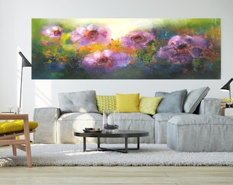 landscape wall art long horizontal above the bed floral print narrow giclee canvas prints pink abstract flowers gallery canvas wrapped art