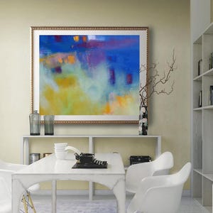 Impressão de arte de parede abstrata em azul e amarelo sobre tela, pintura abstrata de arte de parede moderna em amarelo mostarda, pintura azul profundo, decoração de parede contemporânea