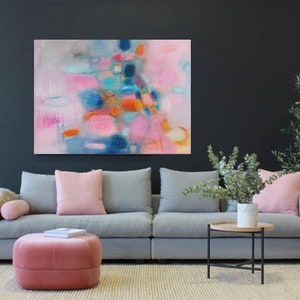 Blush Pink Abstract Art Print: Modern Giclee Canvas, Peach Teal Blue