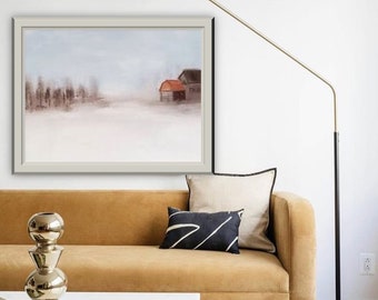 Winter wall art original oil canvas painting horizontal landscape white snow forest, farmhouse barn scenery country cottage paintings Etsy