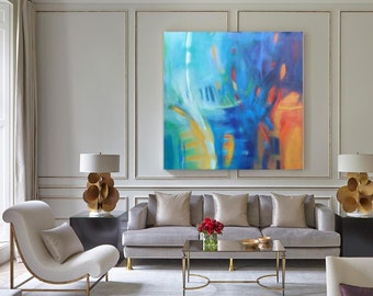 large blue abstract artwork square canvas print, modern turquoise orange wall art, large office wall decor oversized giclee canvas prints