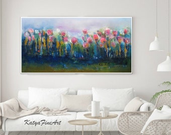 Tulip painting abstract landscape wall art prints, horizontal flower art print over fireplace art floral paintings giclee canvas artwork