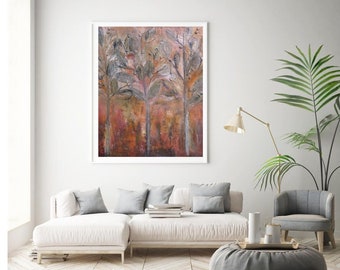 Copper wall art rustic canvas print, folk artwork shabby chic home decor, abstract forest metallic trees large art canvas print in rose gold